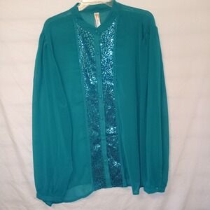 Roman Fashion Blouse Size 3X Sheer Teal Green Long Sleeve Sequins Button Up